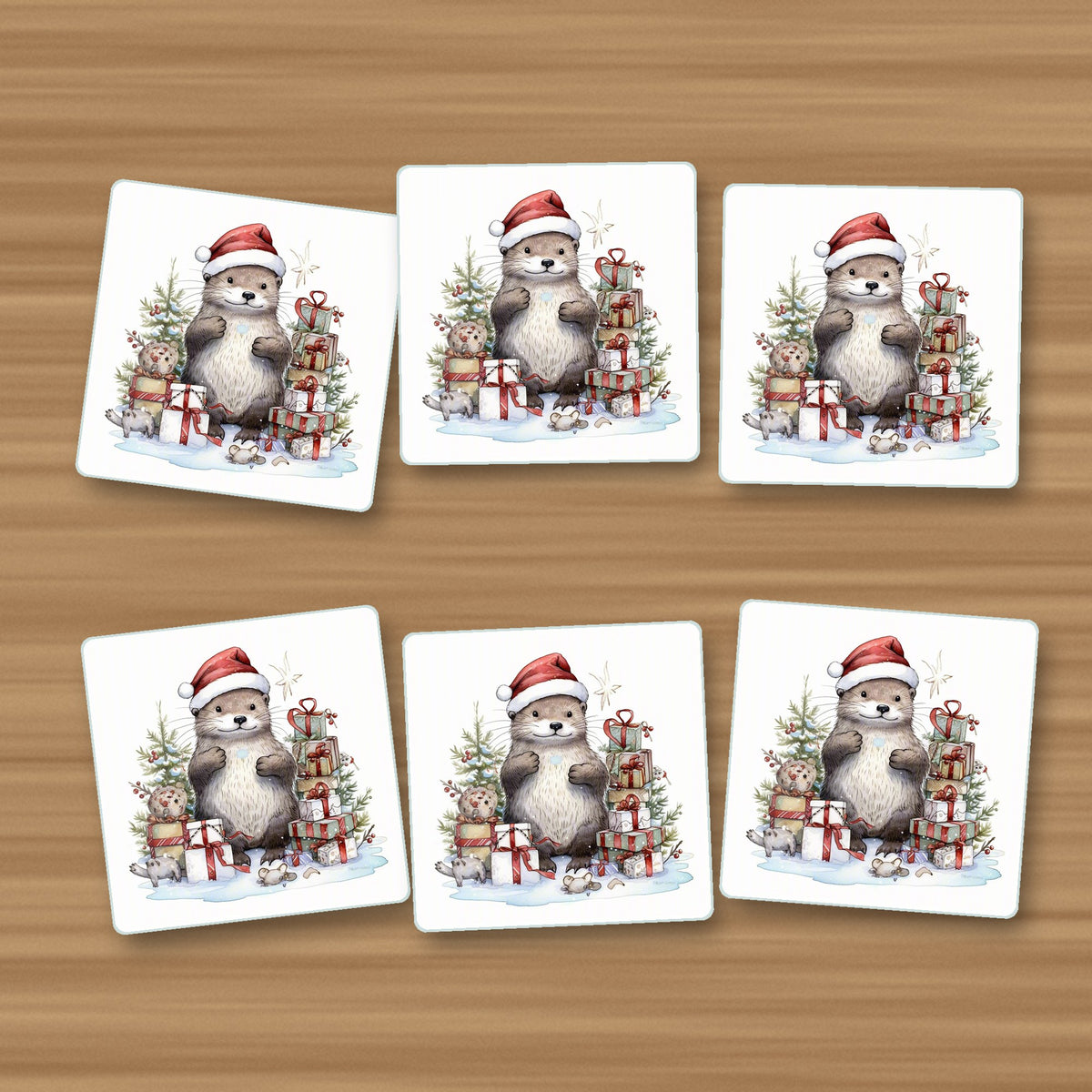 Christmas Otter with Gifts square glass coasters, set of 6, on an oak coffee table