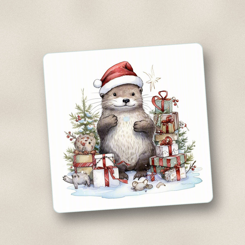 Close-up of one christmas otter with gifts square glass coaster, flat UV print