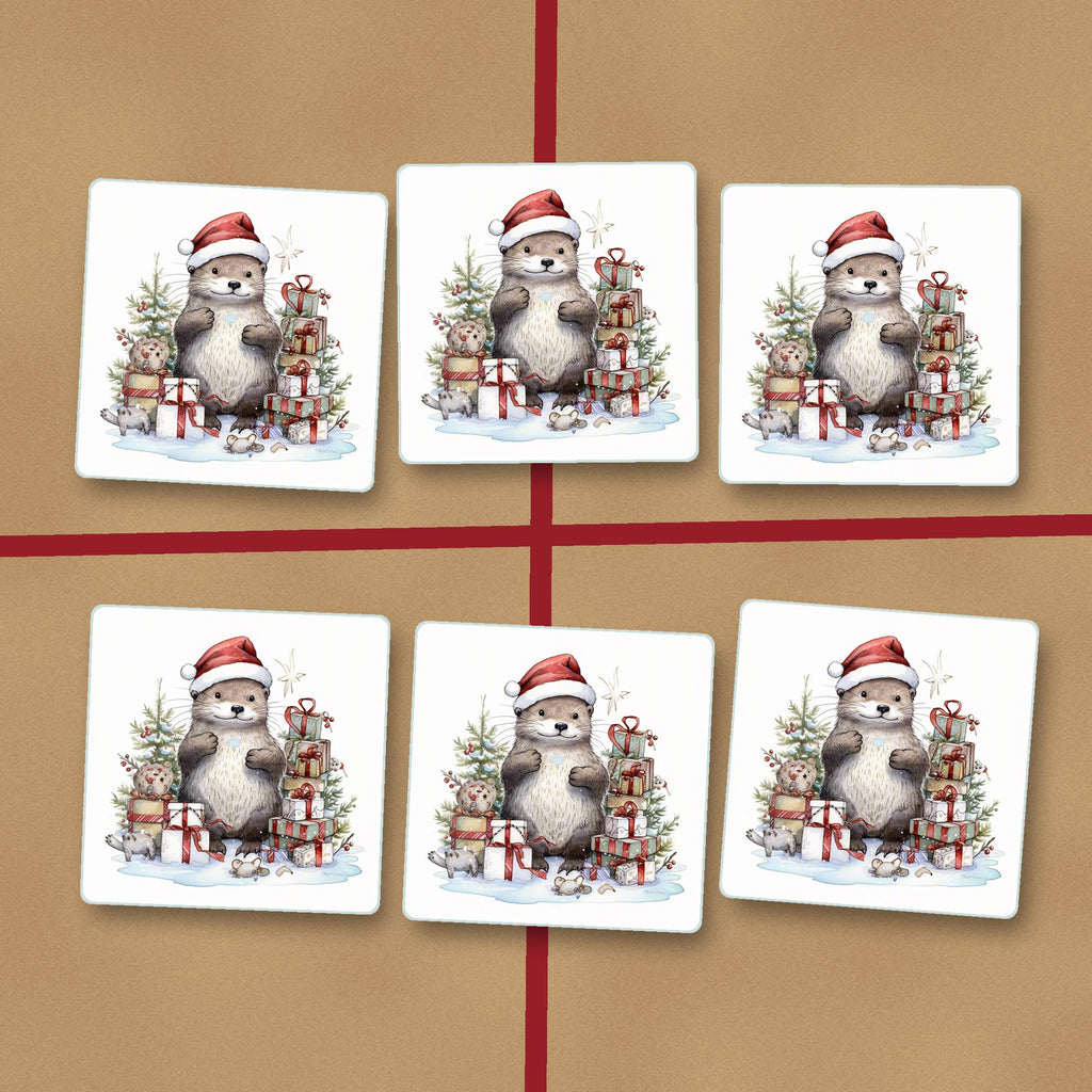 Christmas Otter with Gifts square glass coasters on kraft gift wrap