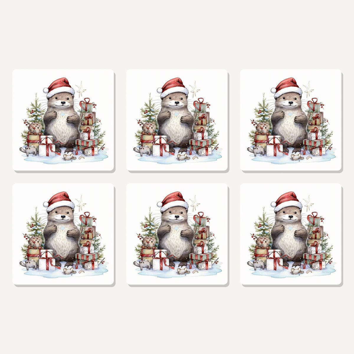 Flat lay of the christmas otter with gifts artwork on six square coasters