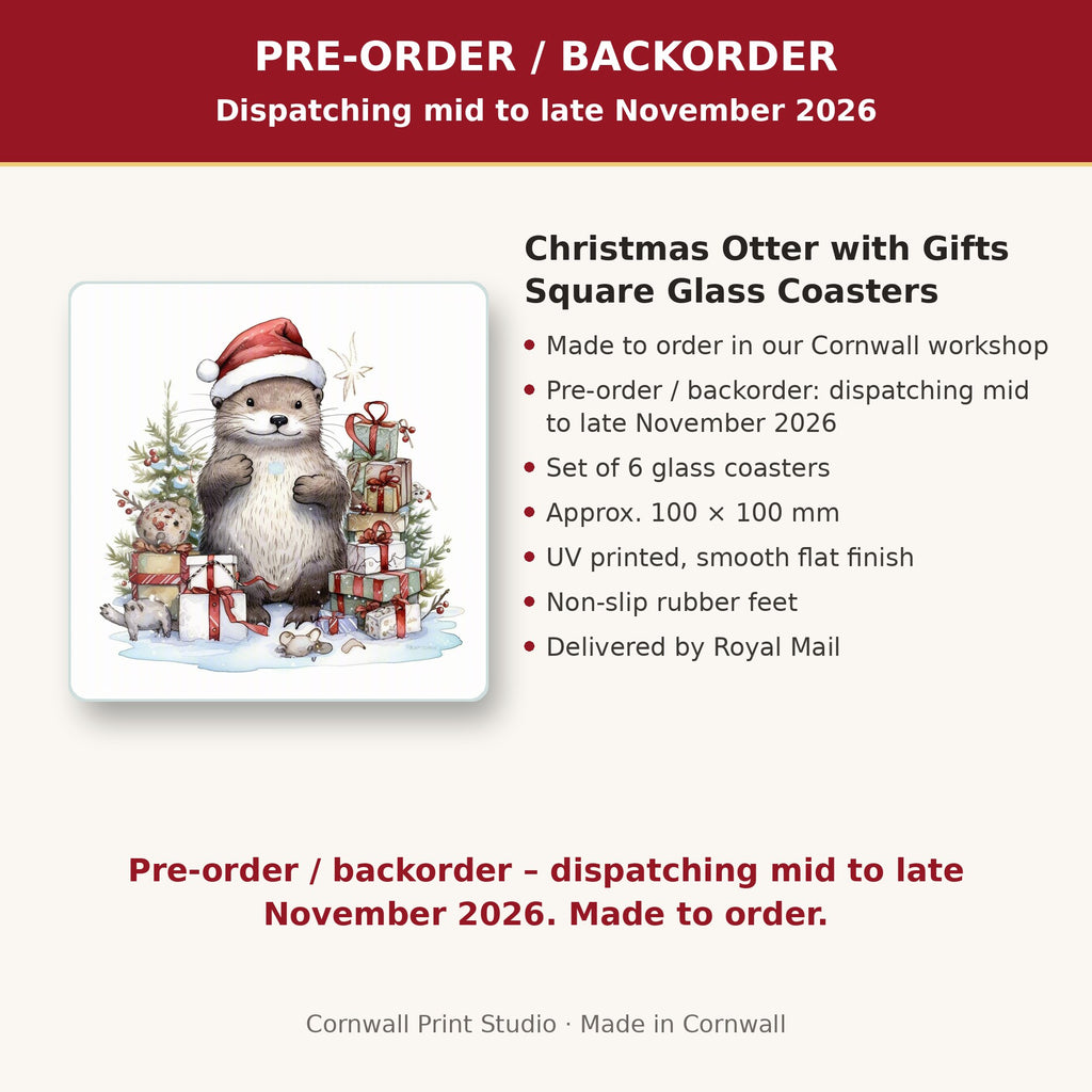 Info card: Christmas Otter with Gifts Square Glass Coasters – Set of 6, made to order, dispatching mid to late November 2026, delivered by Royal Mail