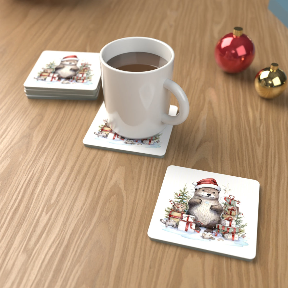 Christmas Otter with Gifts Square Glass Coasters – Set of 6 – lifestyle mockup with a mug of coffee