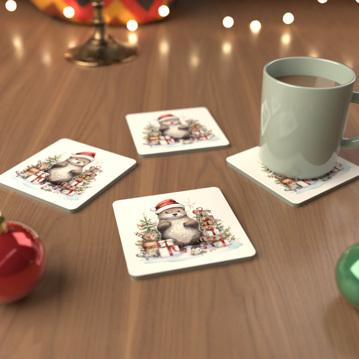 Christmas Otter with Gifts Square Glass Coasters – Set of 6 – cosy lifestyle mockup
