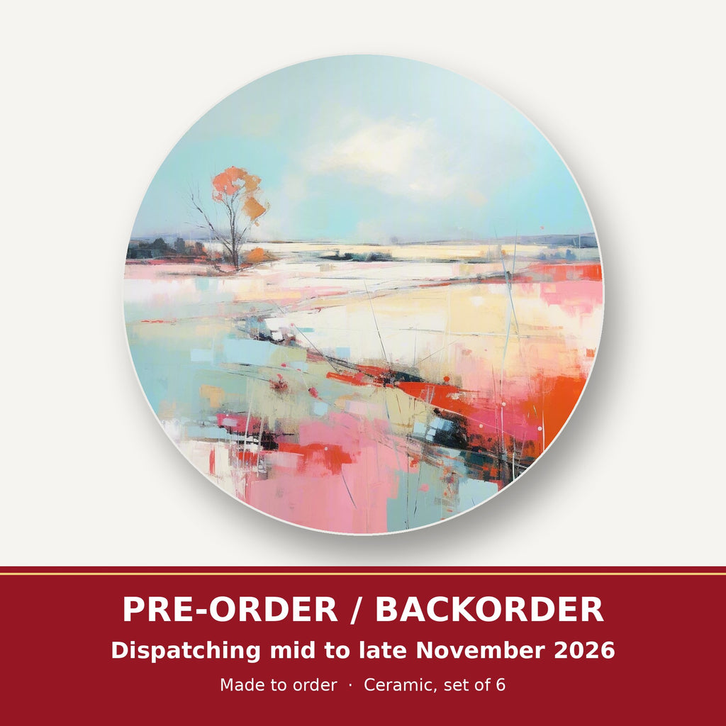 Pastel Abstract Landscape round ceramic coaster set of 6 – pre-order / backorder, dispatching mid to late November 2026