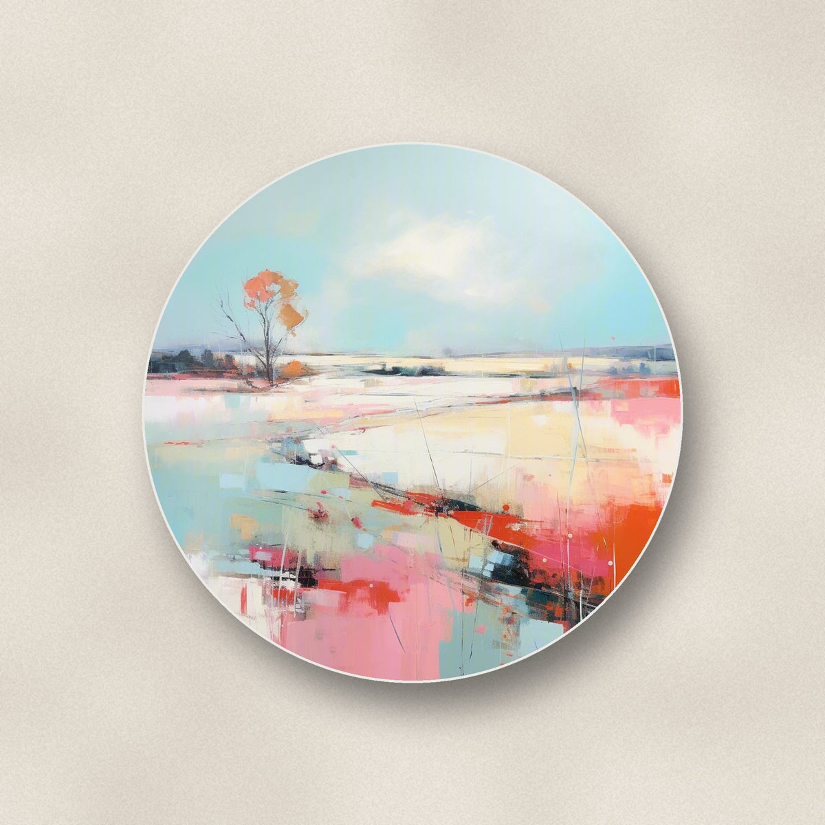 Close-up of one pastel abstract landscape round ceramic coaster, flat UV print