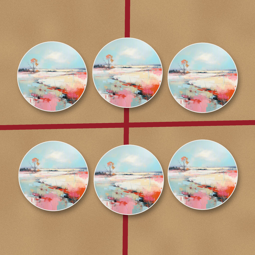 Pastel Abstract Landscape round ceramic coasters on kraft gift wrap