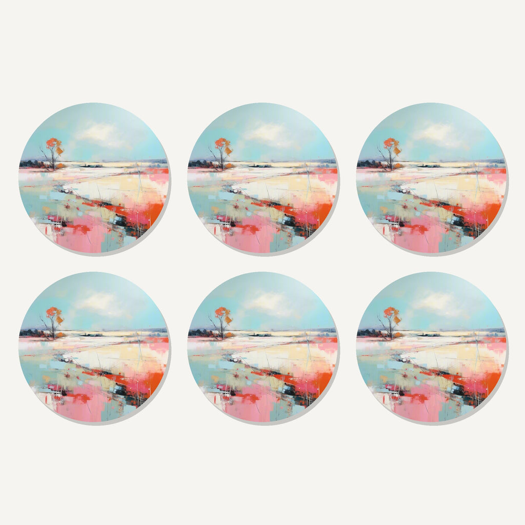 Flat lay of the pastel abstract landscape artwork on six round coasters
