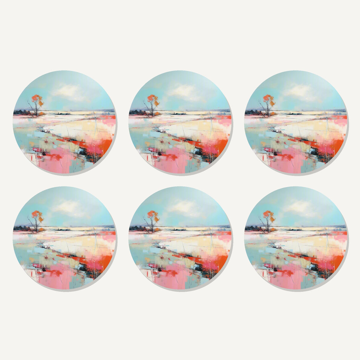 Flat lay of the pastel abstract landscape artwork on six round coasters