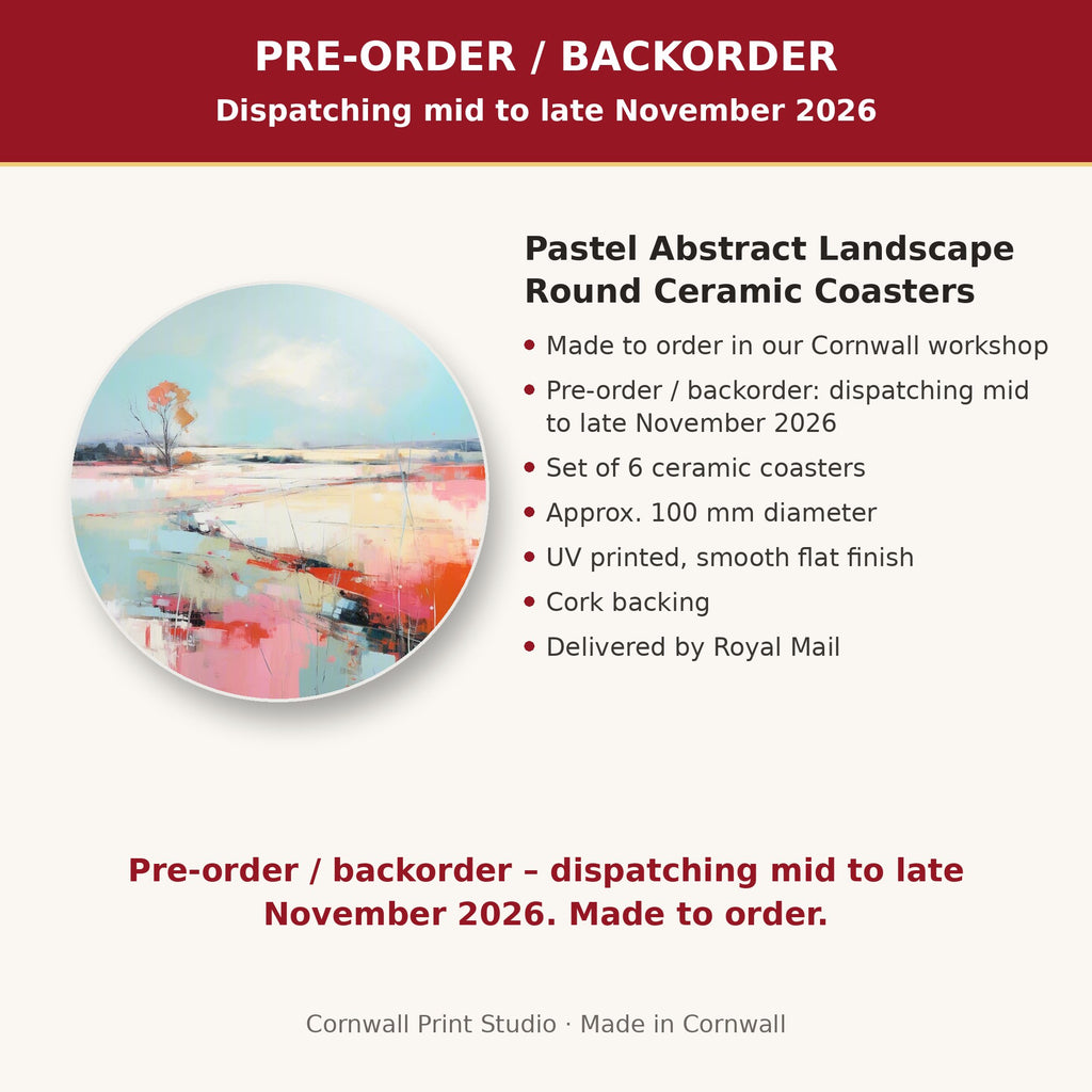 Info card: Pastel Abstract Landscape Round Ceramic Coasters – Set of 6, made to order, dispatching mid to late November 2026, delivered by Royal Mail
