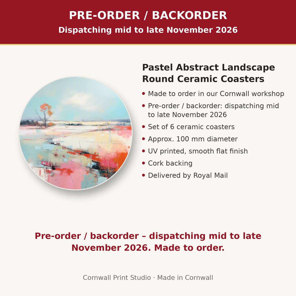 Info card: Pastel Abstract Landscape Round Ceramic Coasters – Set of 6, made to order, dispatching mid to late November 2026, delivered by Royal Mail