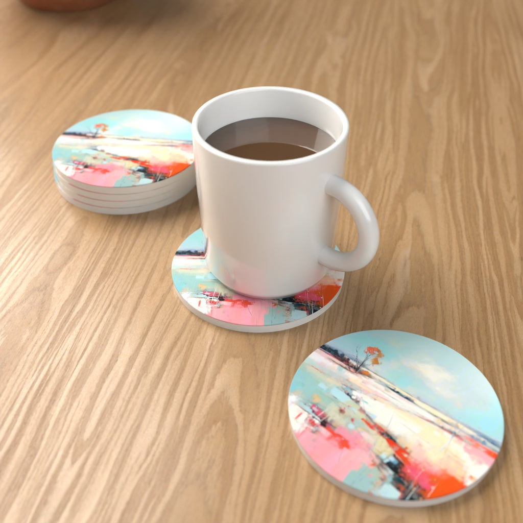 Pastel Abstract Landscape Round Ceramic Coasters – Set of 6 – lifestyle mockup with a mug of coffee