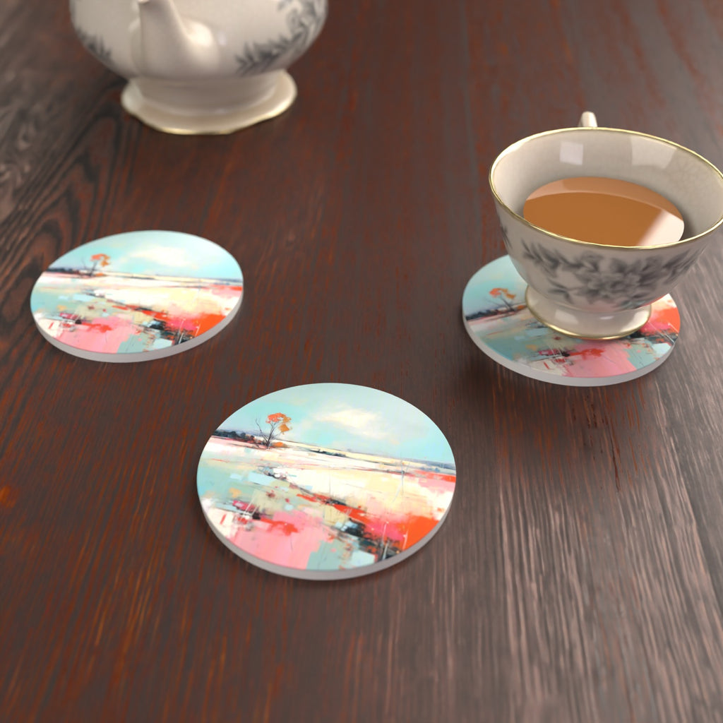 Pastel Abstract Landscape Round Ceramic Coasters – Set of 6 – lifestyle mockup with a teacup