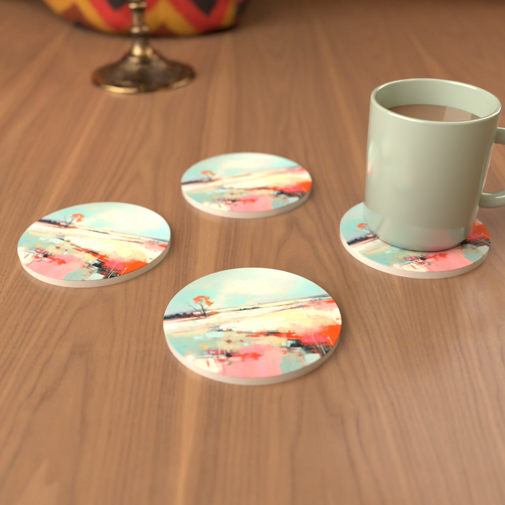 Pastel Abstract Landscape Round Ceramic Coasters – Set of 6 – cosy lifestyle mockup