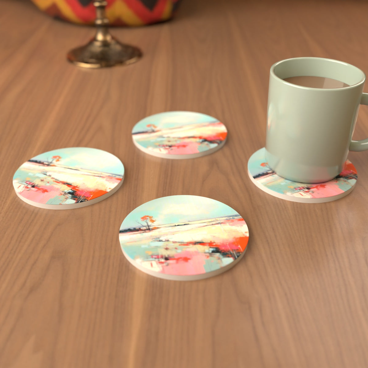 Pastel Abstract Landscape Round Ceramic Coasters – Set of 6 – cosy lifestyle mockup
