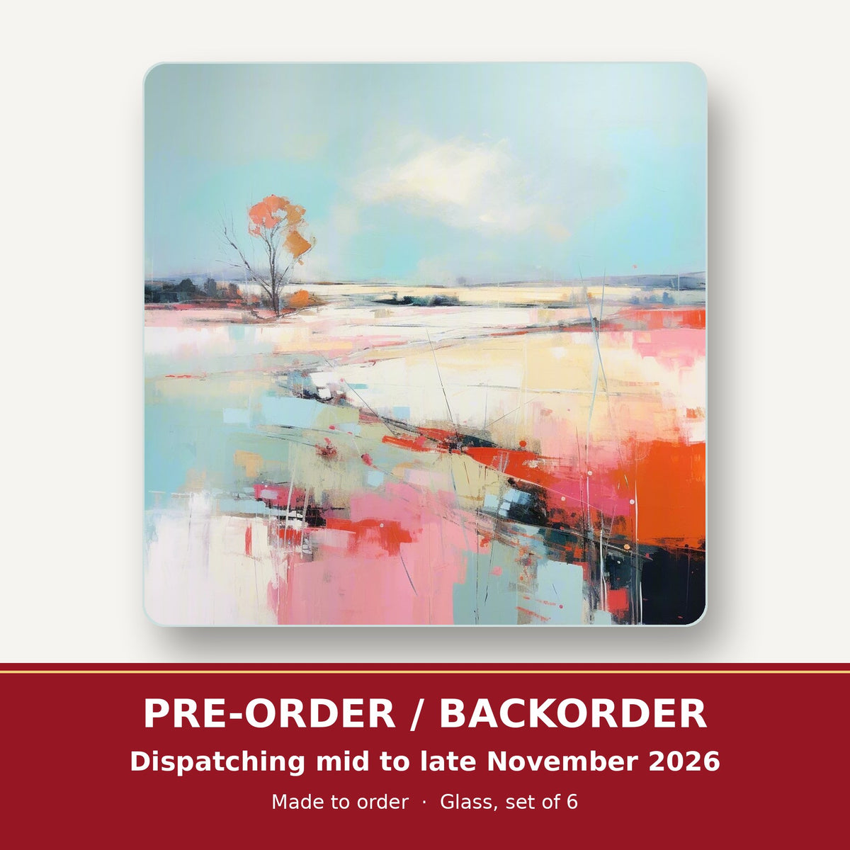 Pastel Abstract Landscape square glass coaster set of 6 – pre-order / backorder, dispatching mid to late November 2026
