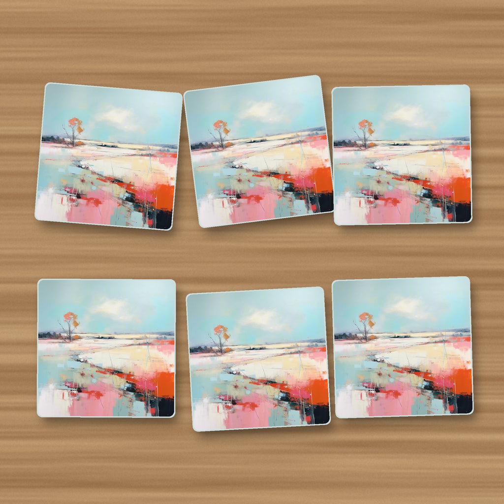 Pastel Abstract Landscape square glass coasters, set of 6, on an oak coffee table