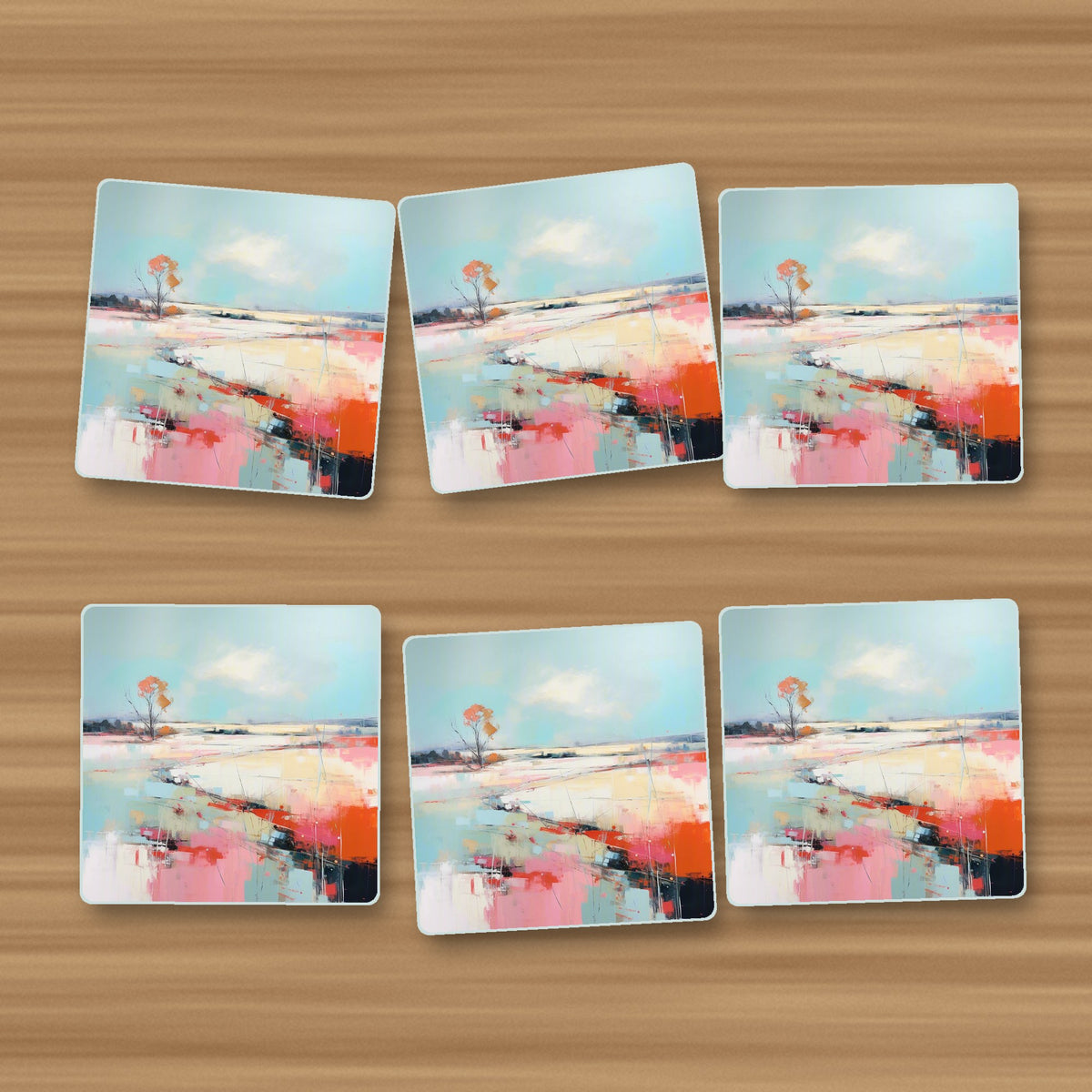 Pastel Abstract Landscape square glass coasters, set of 6, on an oak coffee table