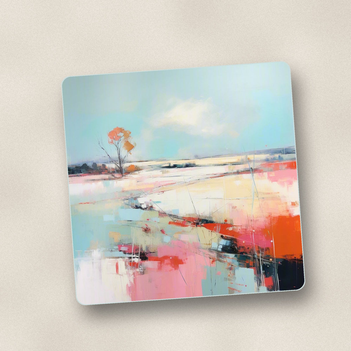 Close-up of one pastel abstract landscape square glass coaster, flat UV print