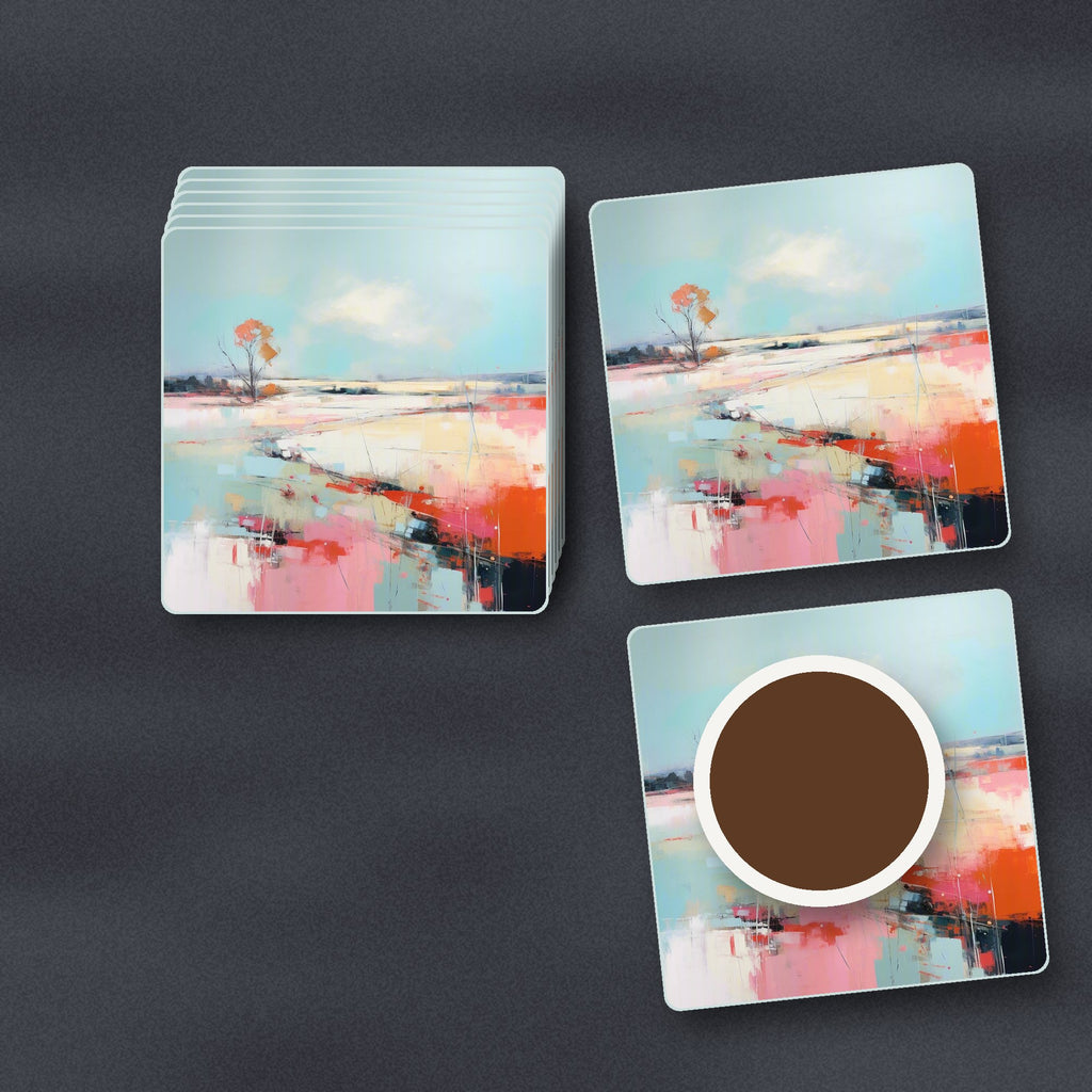 Pastel Abstract Landscape square glass coasters stacked on a slate kitchen worktop