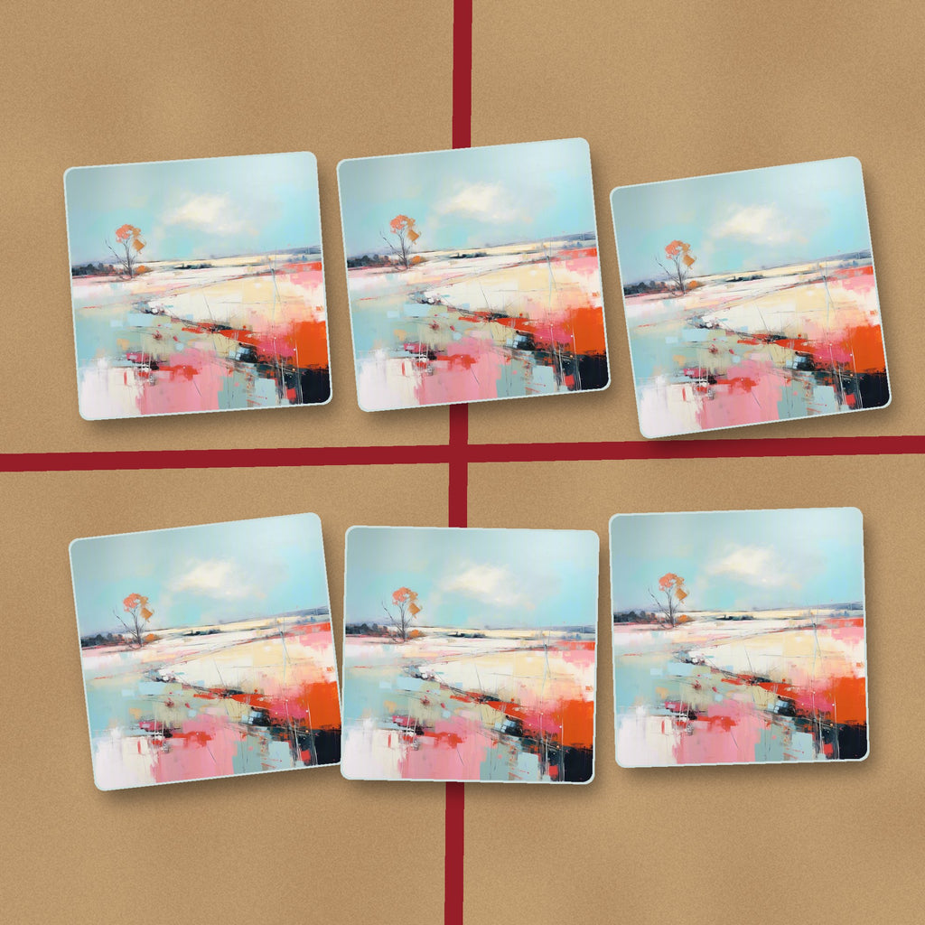 Pastel Abstract Landscape square glass coasters on kraft gift wrap