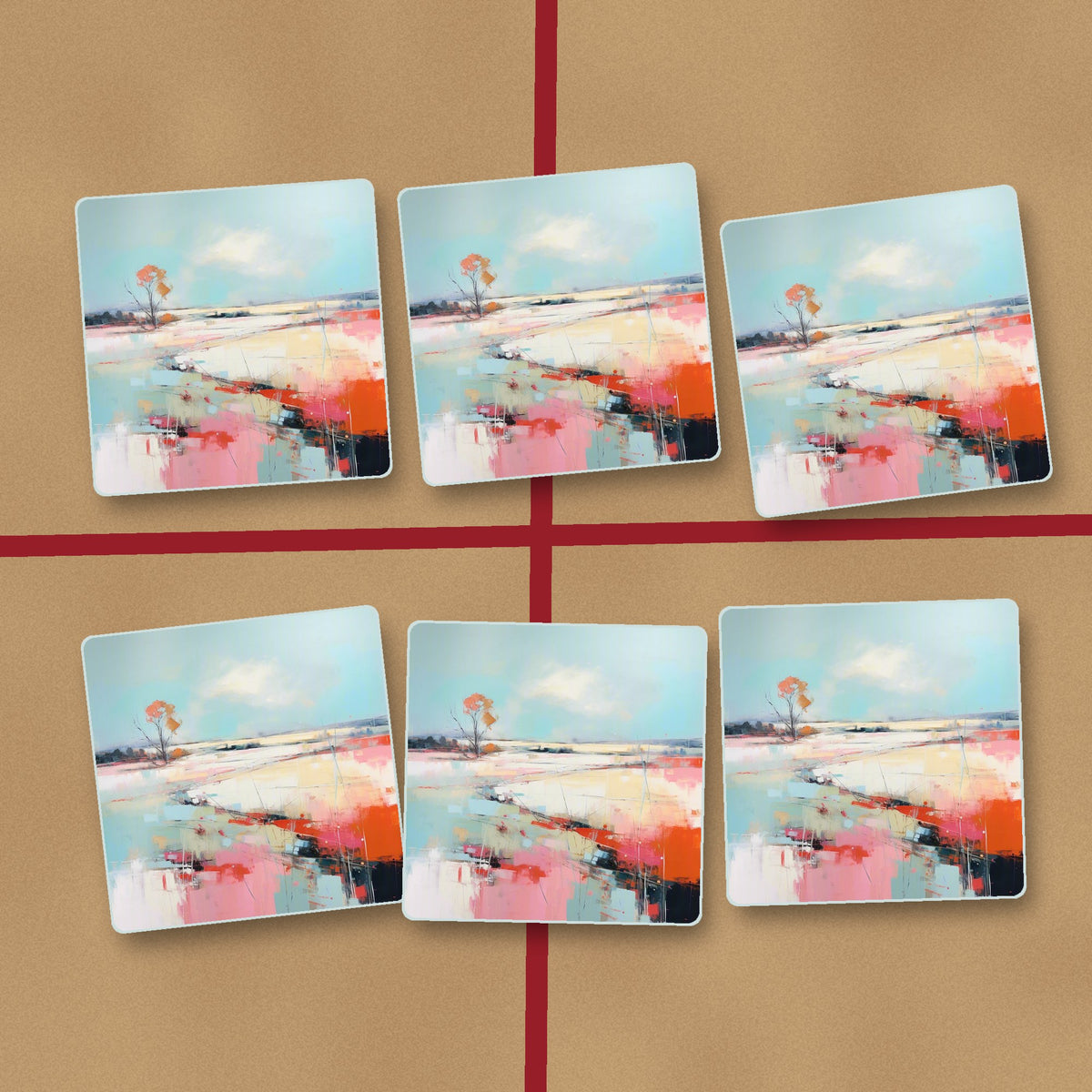 Pastel Abstract Landscape square glass coasters on kraft gift wrap