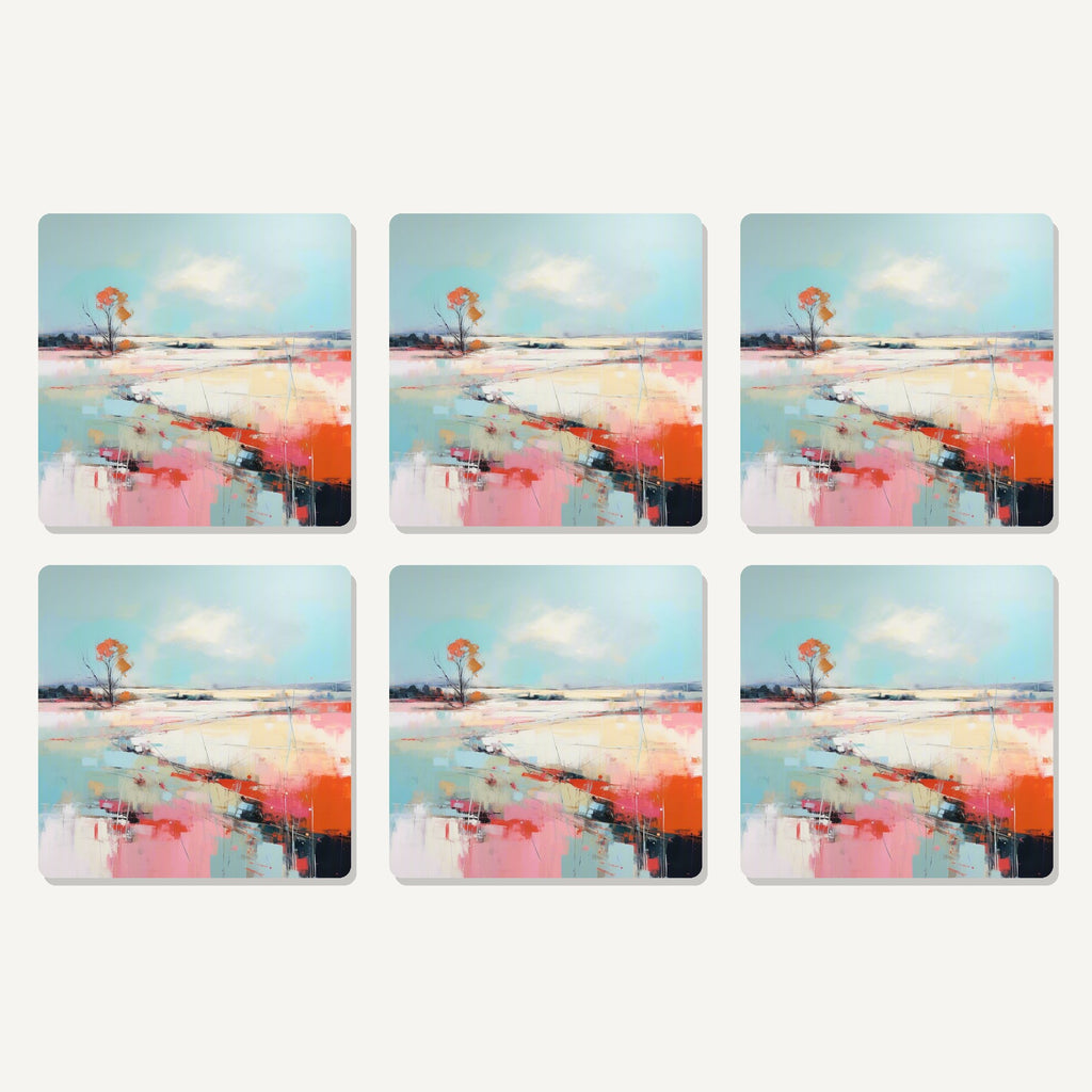 Flat lay of the pastel abstract landscape artwork on six square coasters