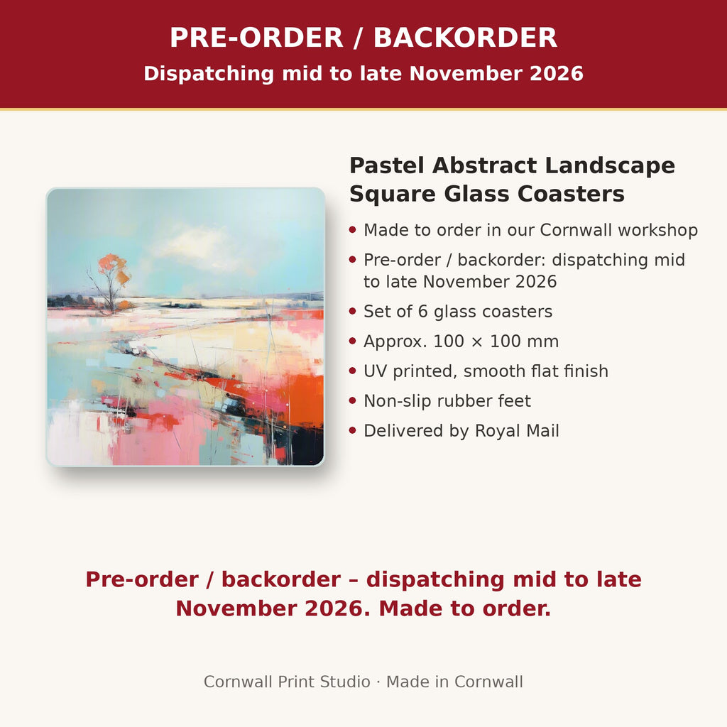 Info card: Pastel Abstract Landscape Square Glass Coasters – Set of 6, made to order, dispatching mid to late November 2026, delivered by Royal Mail