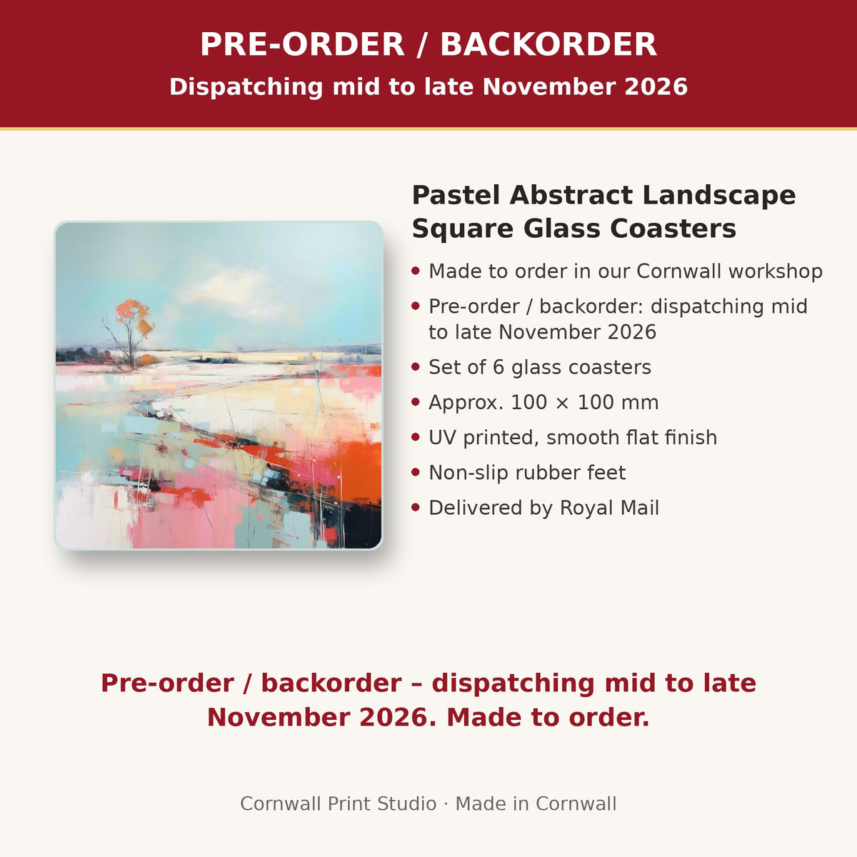 Info card: Pastel Abstract Landscape Square Glass Coasters – Set of 6, made to order, dispatching mid to late November 2026, delivered by Royal Mail