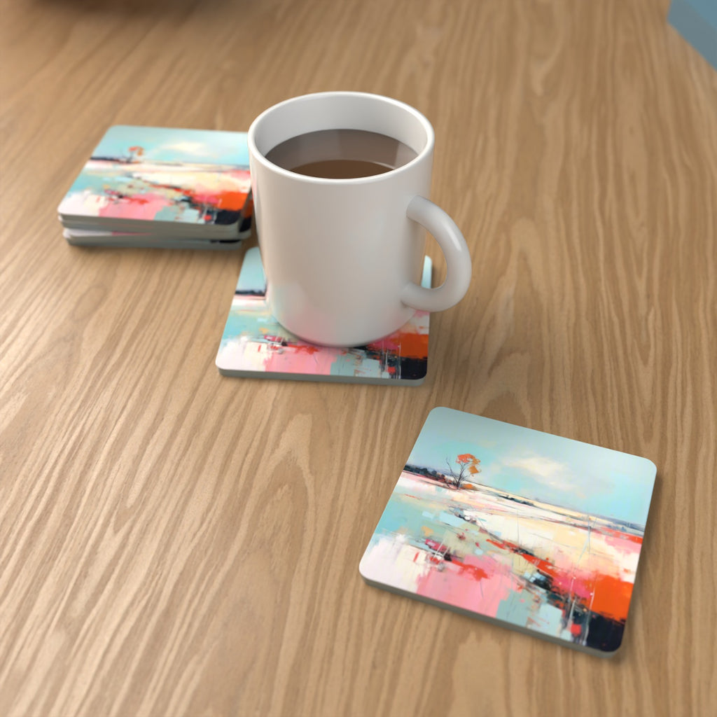 Pastel Abstract Landscape Square Glass Coasters – Set of 6 – lifestyle mockup with a mug of coffee