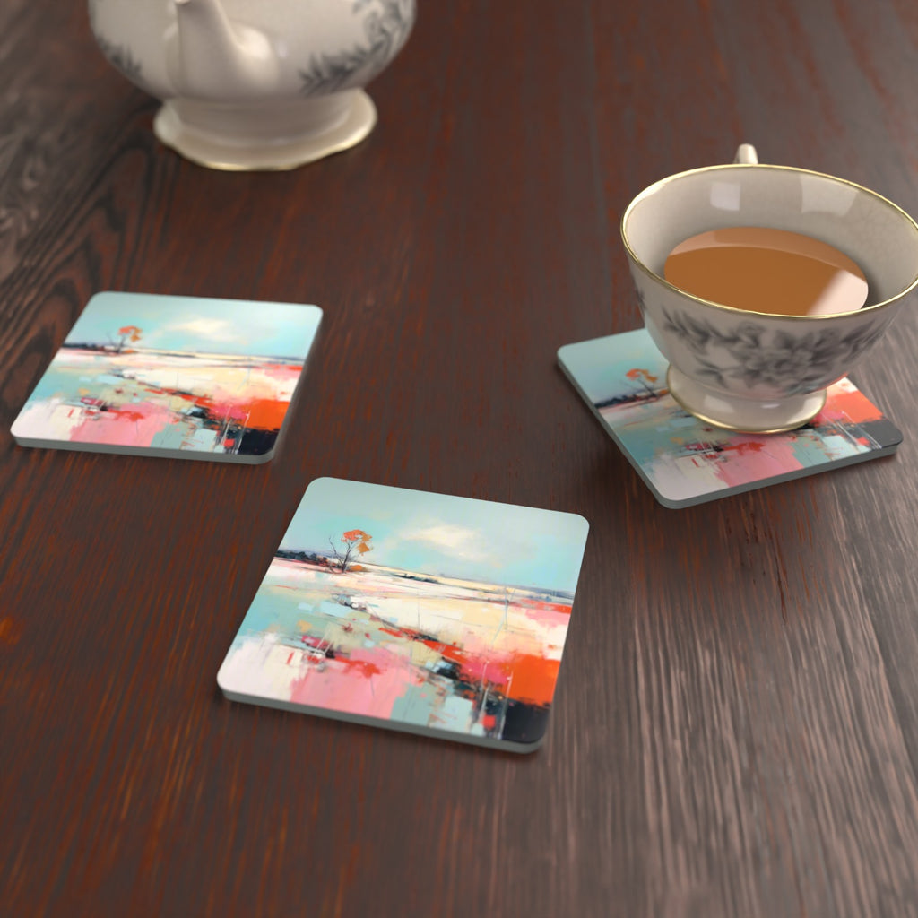 Pastel Abstract Landscape Square Glass Coasters – Set of 6 – lifestyle mockup with a teacup