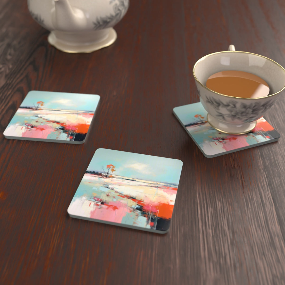 Pastel Abstract Landscape Square Glass Coasters – Set of 6 – lifestyle mockup with a teacup
