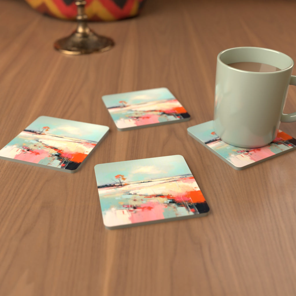 Pastel Abstract Landscape Square Glass Coasters – Set of 6 – cosy lifestyle mockup