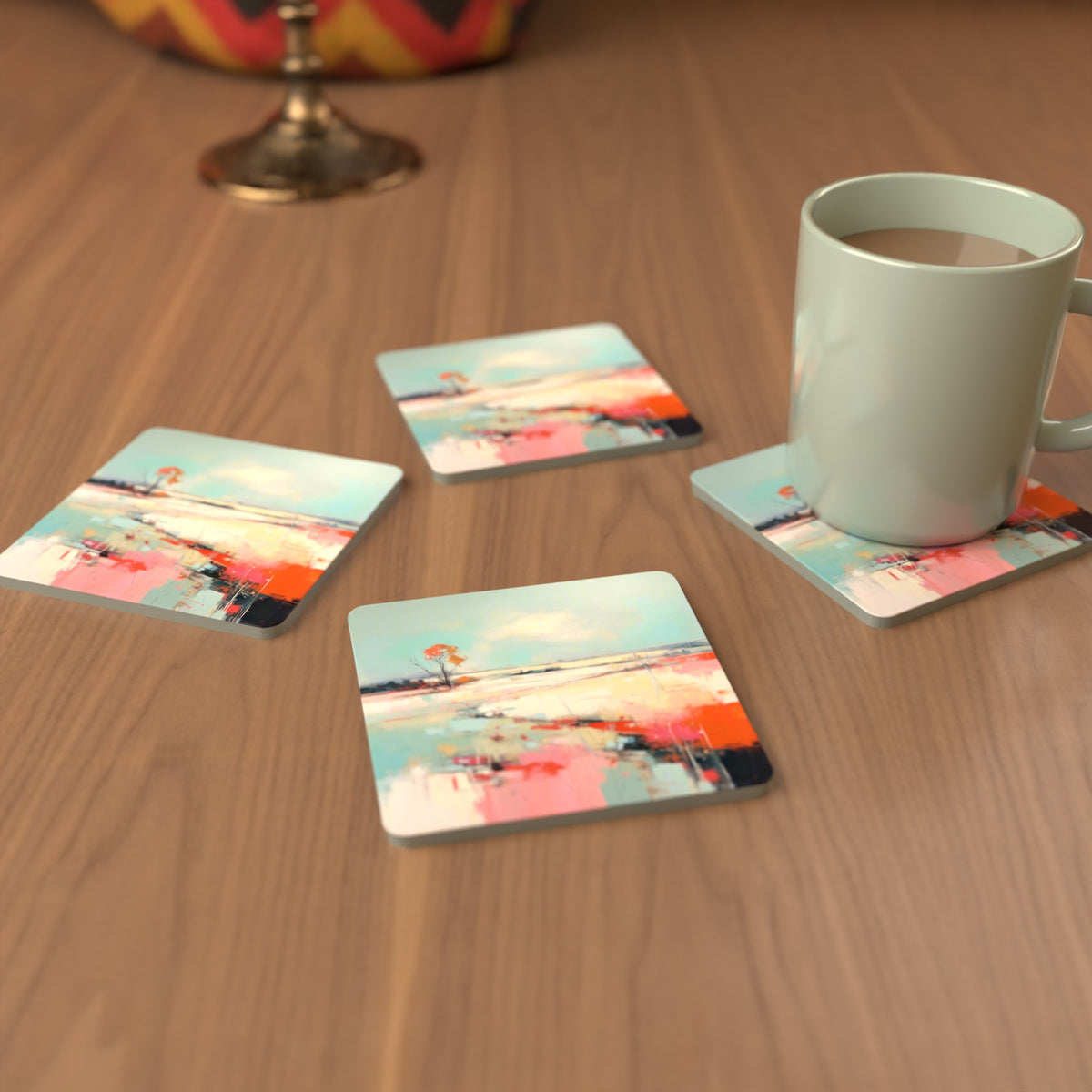 Pastel Abstract Landscape Square Glass Coasters – Set of 6 – cosy lifestyle mockup