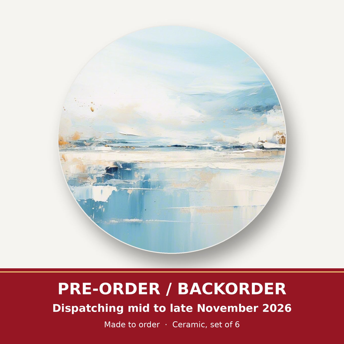 Blue Minimalist Seascape round ceramic coaster set of 6 – pre-order / backorder, dispatching mid to late November 2026