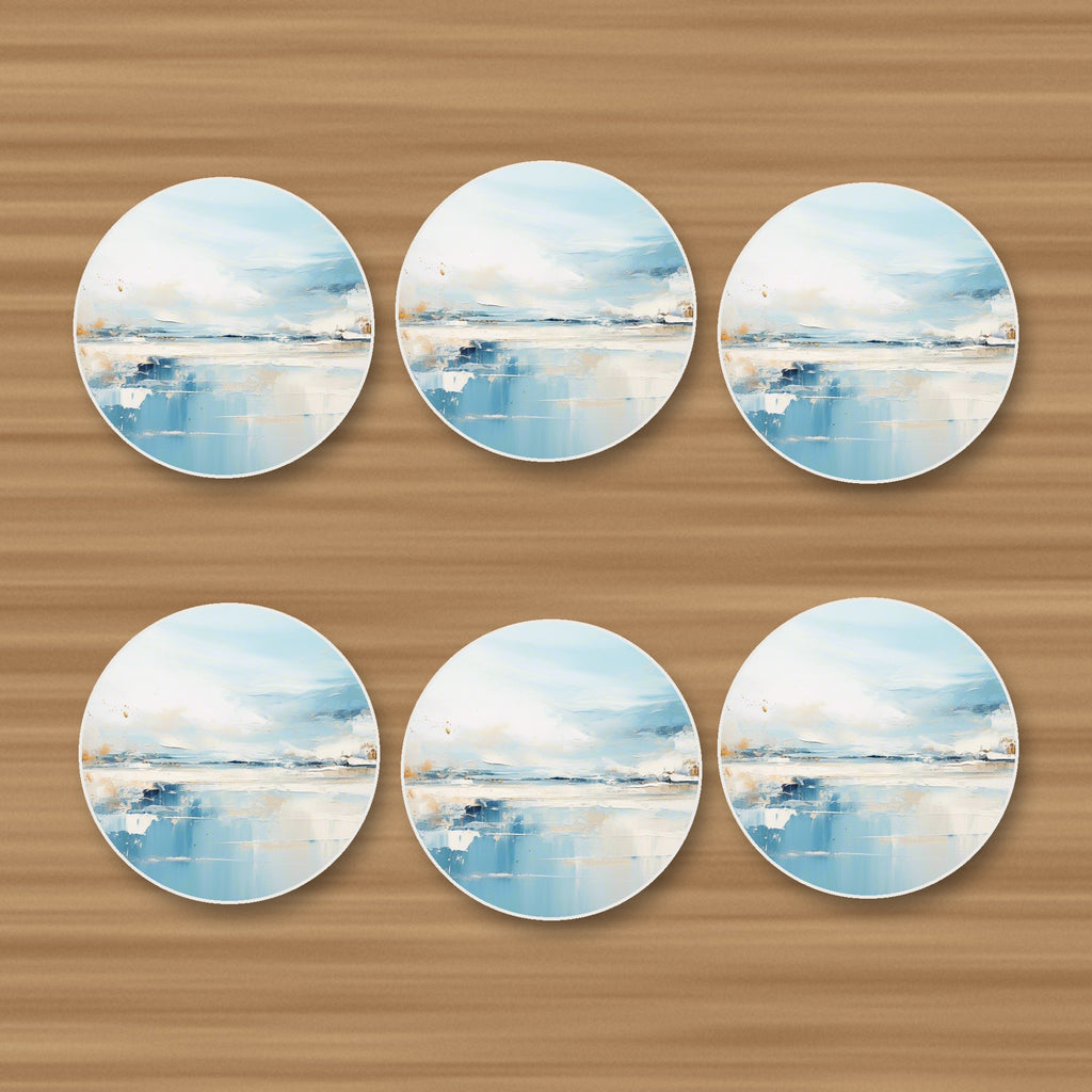 Blue Minimalist Seascape round ceramic coasters, set of 6, on an oak coffee table