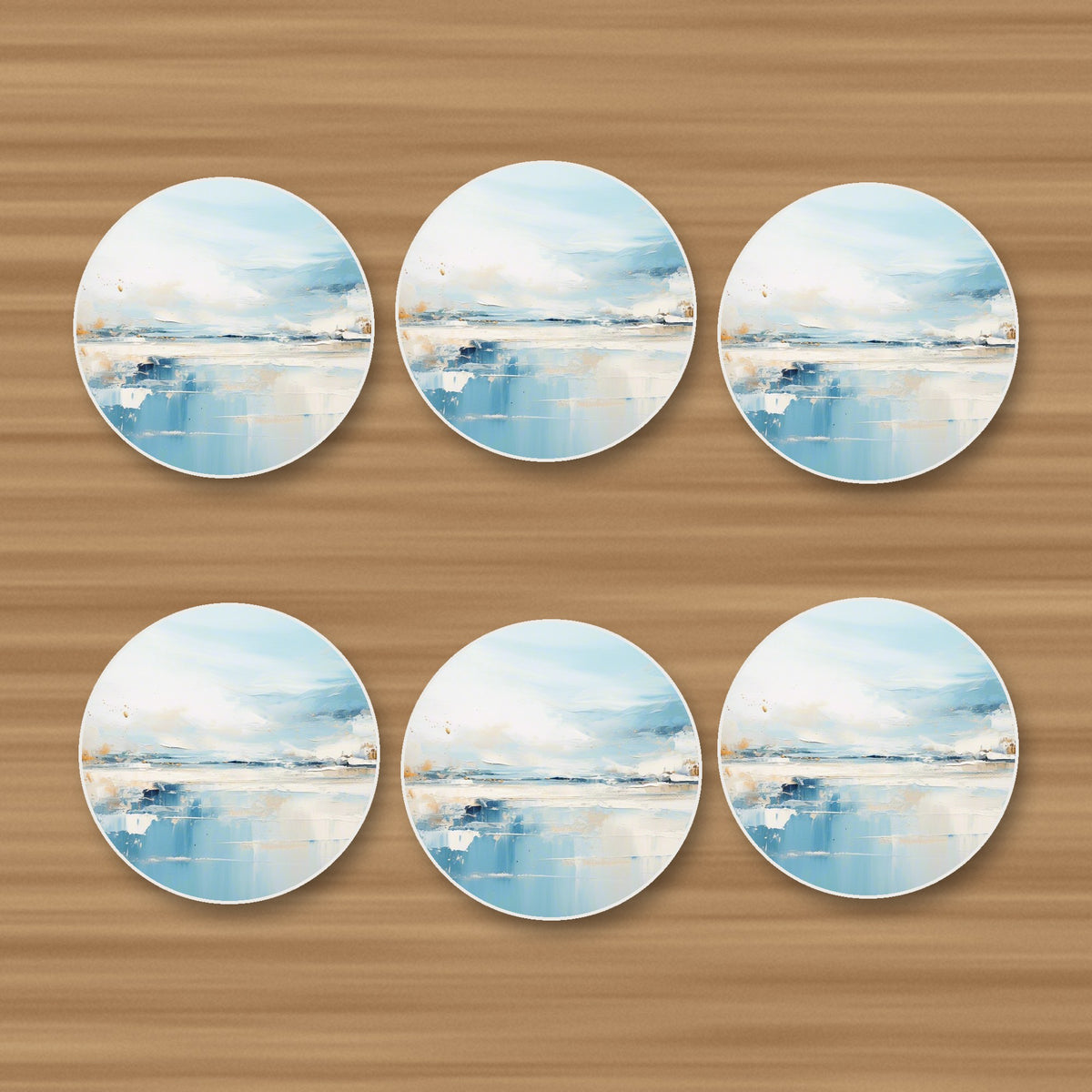 Blue Minimalist Seascape round ceramic coasters, set of 6, on an oak coffee table