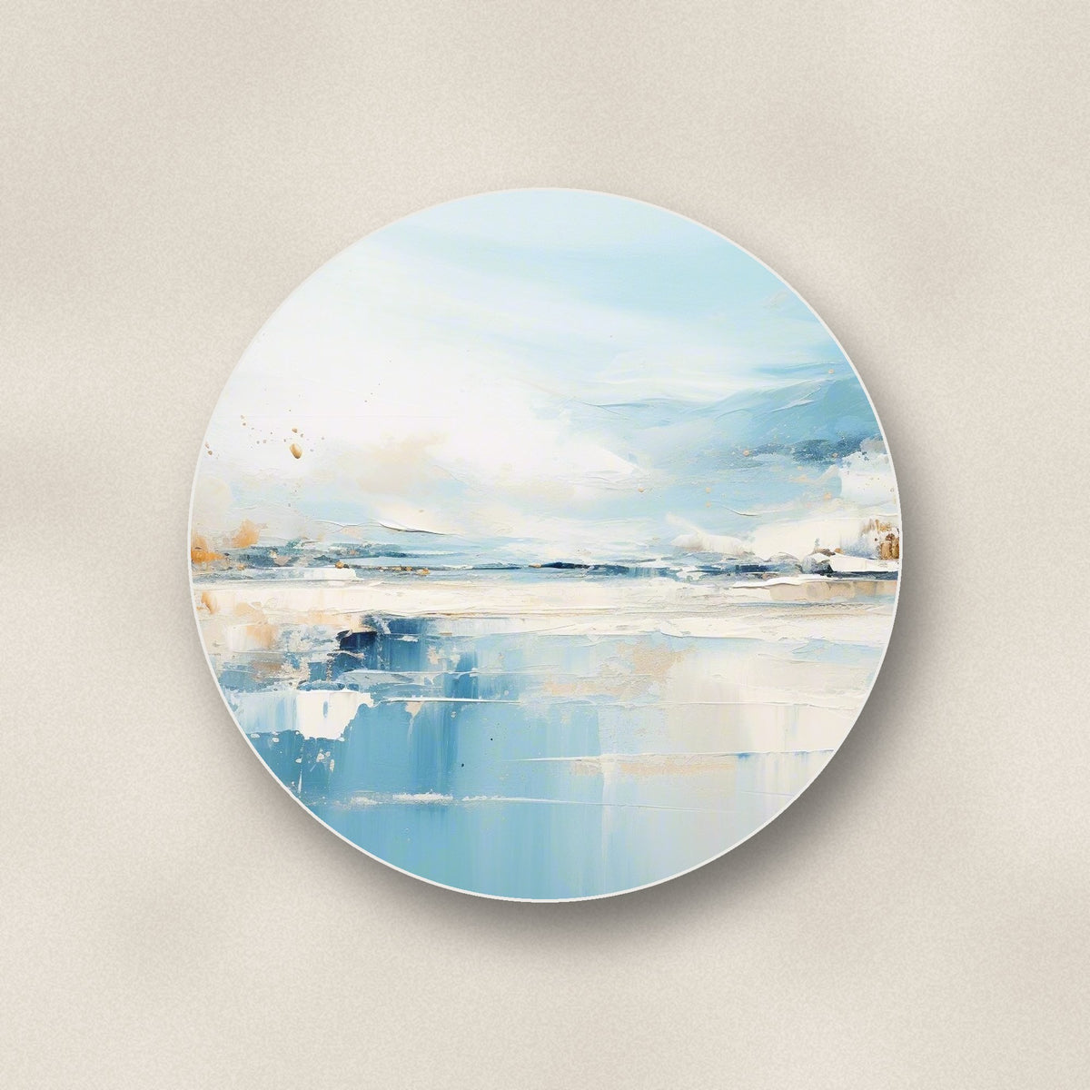 Close-up of one blue minimalist seascape round ceramic coaster, flat UV print