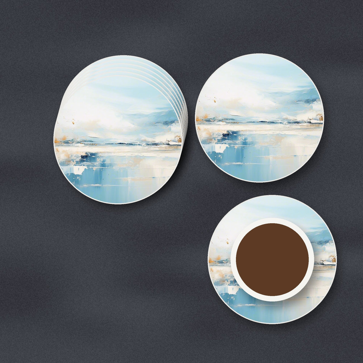 Blue Minimalist Seascape round ceramic coasters stacked on a slate kitchen worktop
