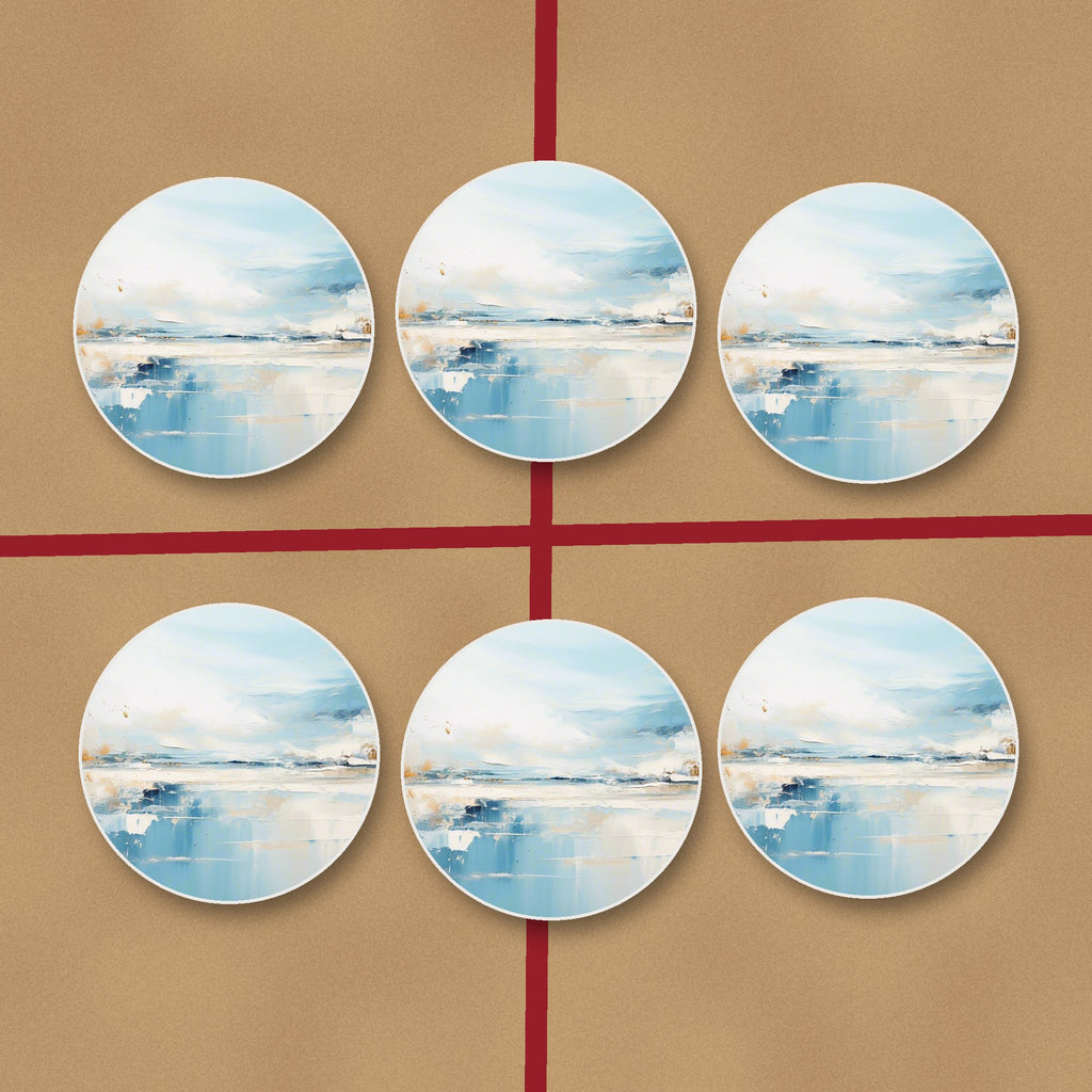 Blue Minimalist Seascape round ceramic coasters on kraft gift wrap
