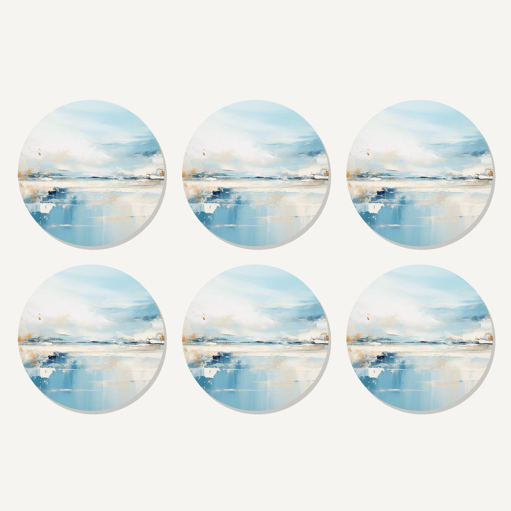 Flat lay of the blue minimalist seascape artwork on six round coasters
