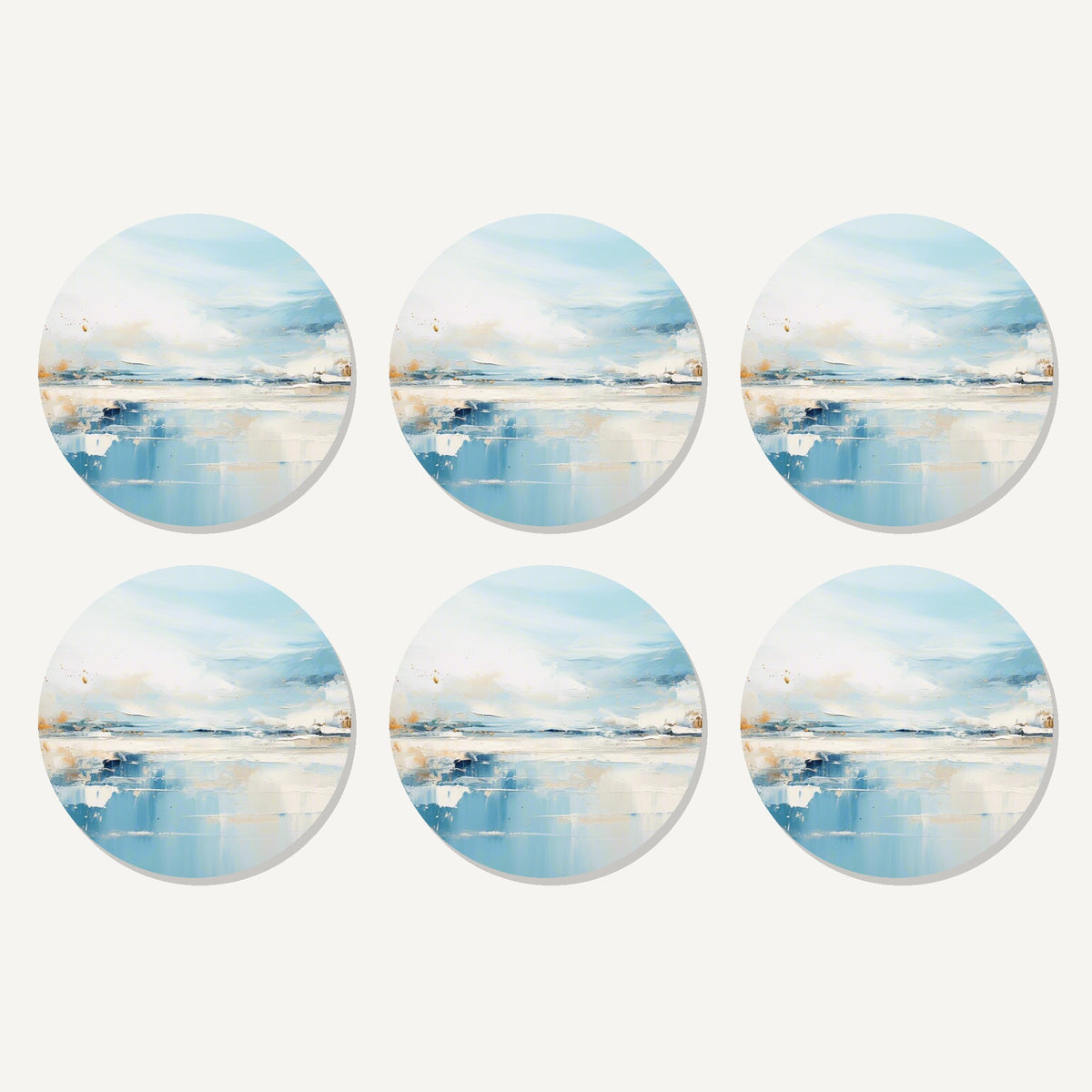 Flat lay of the blue minimalist seascape artwork on six round coasters