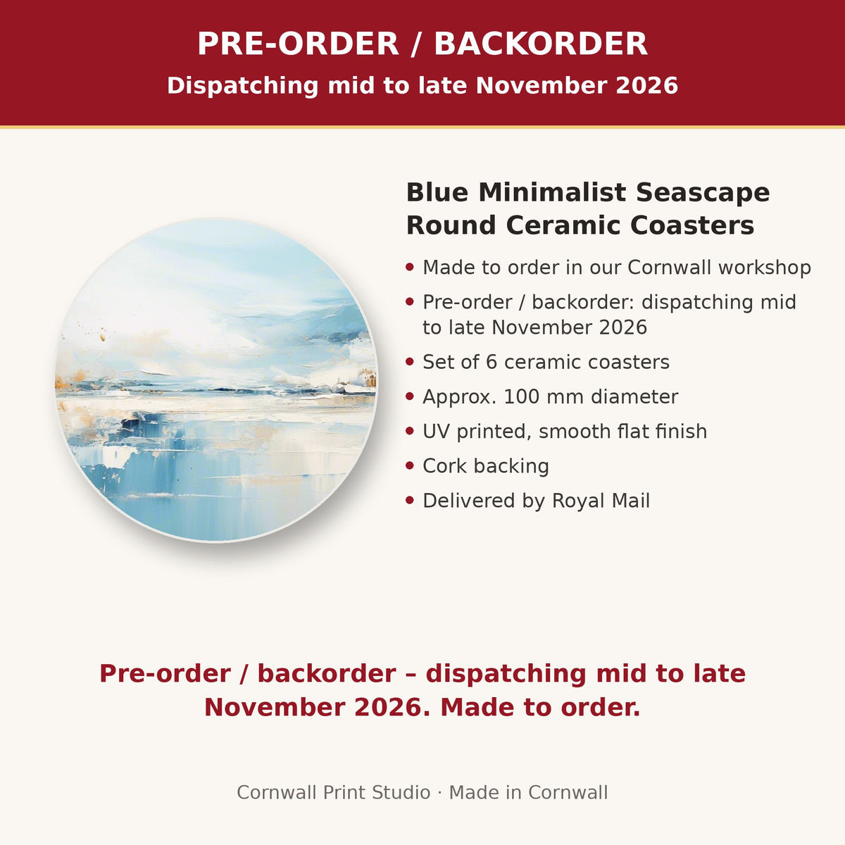 Info card: Blue Minimalist Seascape Round Ceramic Coasters – Set of 6, made to order, dispatching mid to late November 2026, delivered by Royal Mail