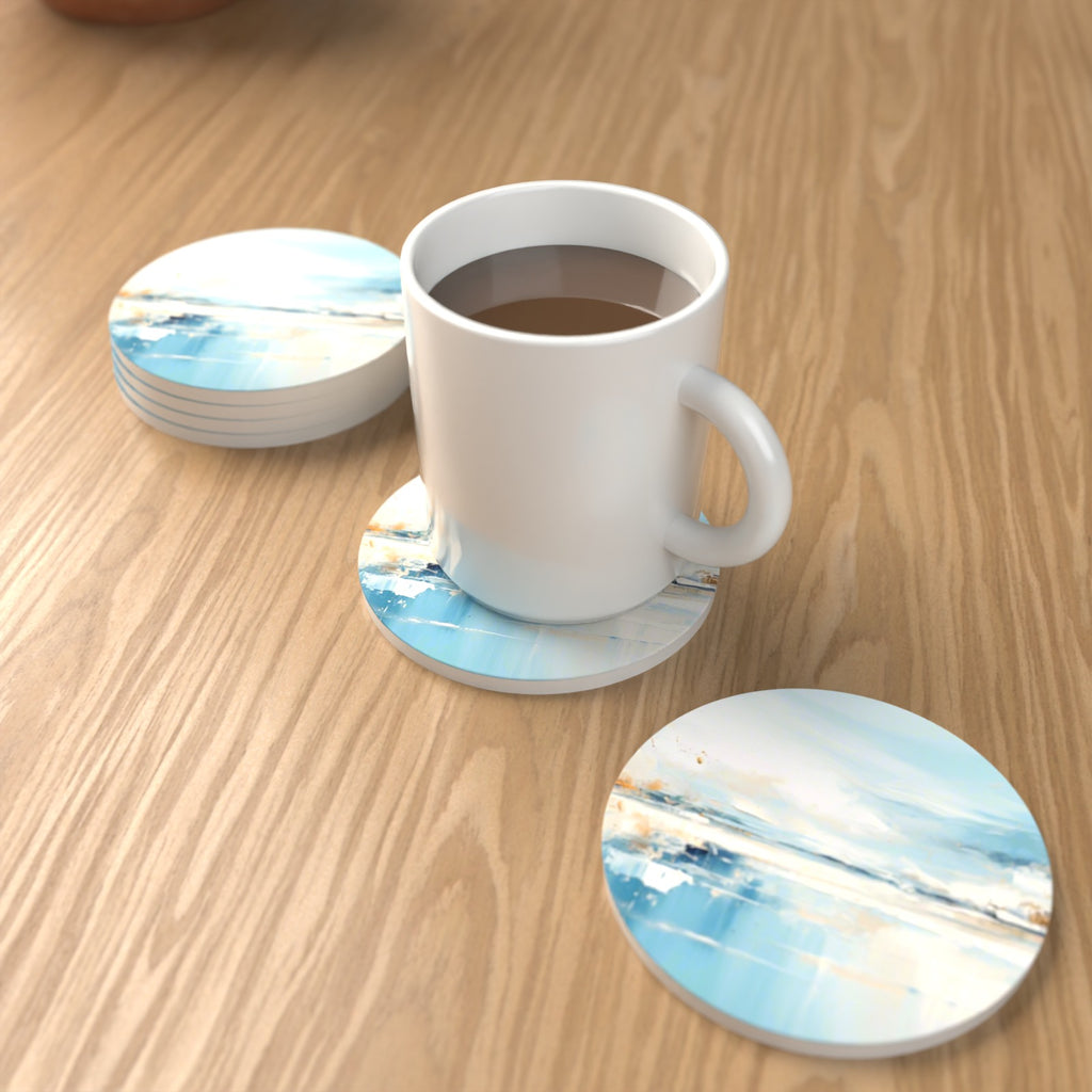 Blue Minimalist Seascape Round Ceramic Coasters – Set of 6 – lifestyle mockup with a mug of coffee