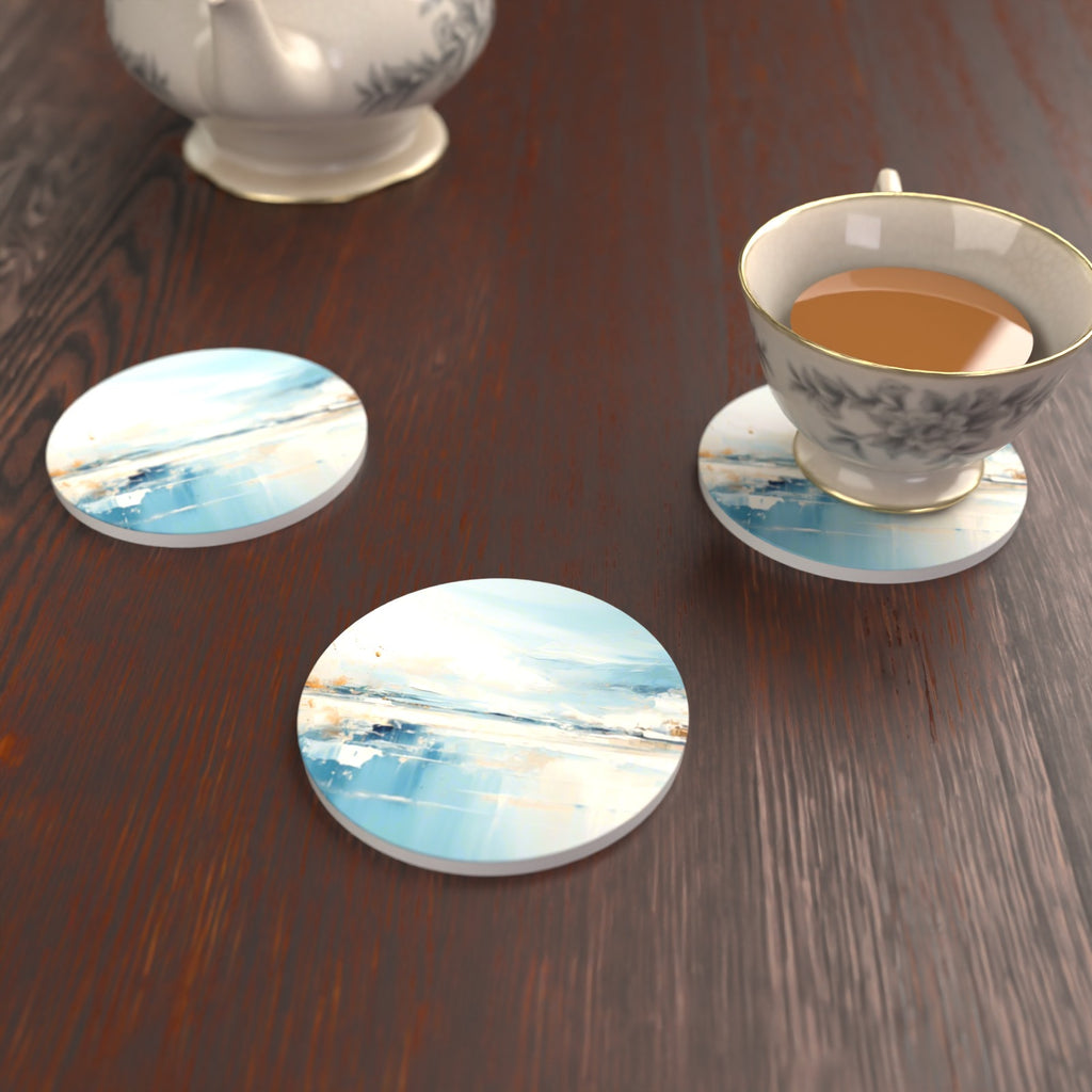 Blue Minimalist Seascape Round Ceramic Coasters – Set of 6 – lifestyle mockup with a teacup