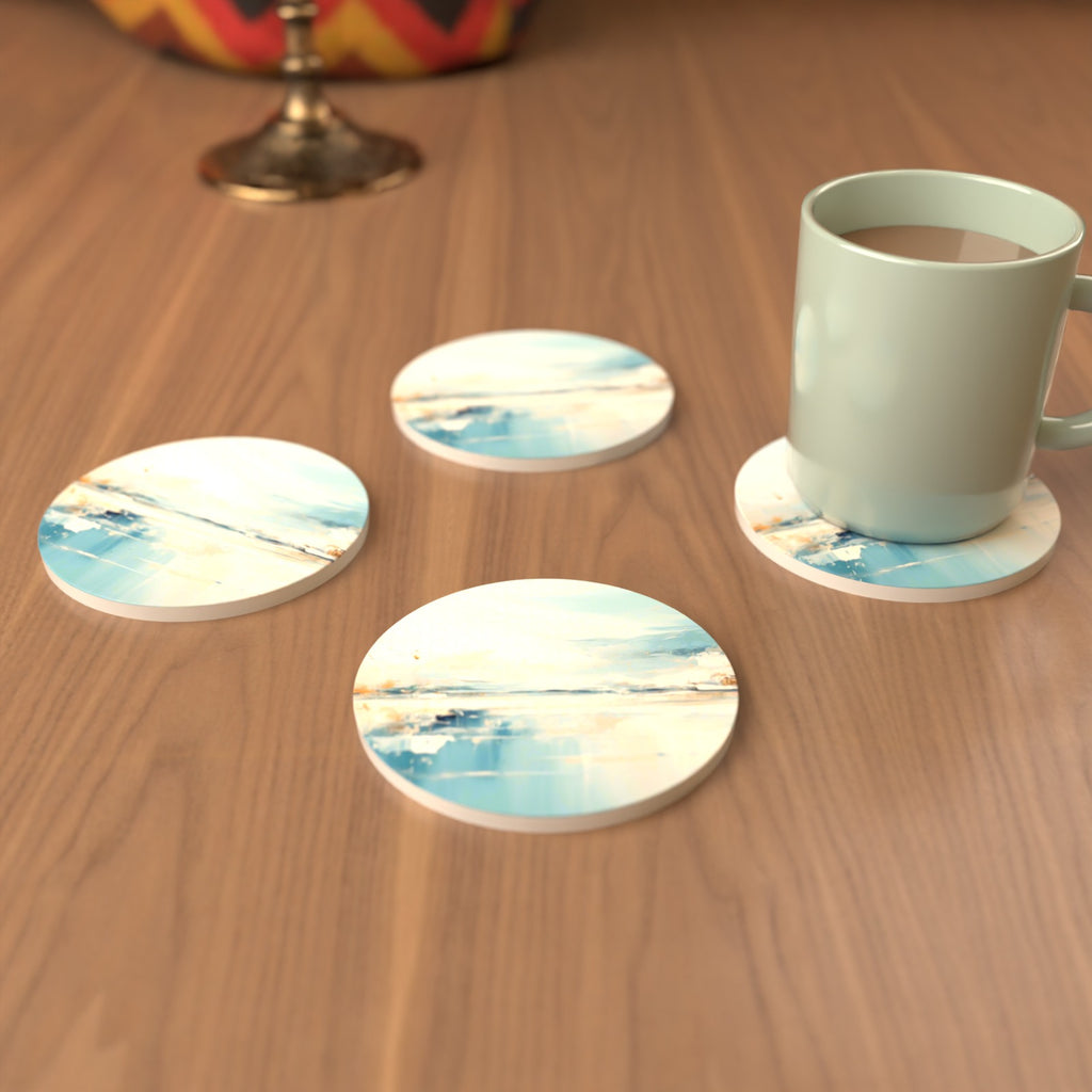 Blue Minimalist Seascape Round Ceramic Coasters – Set of 6 – cosy lifestyle mockup