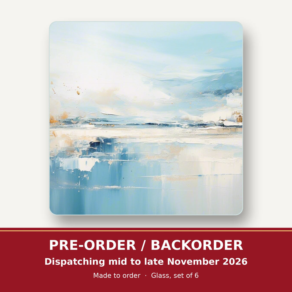 Blue Minimalist Seascape square glass coaster set of 6 – pre-order / backorder, dispatching mid to late November 2026