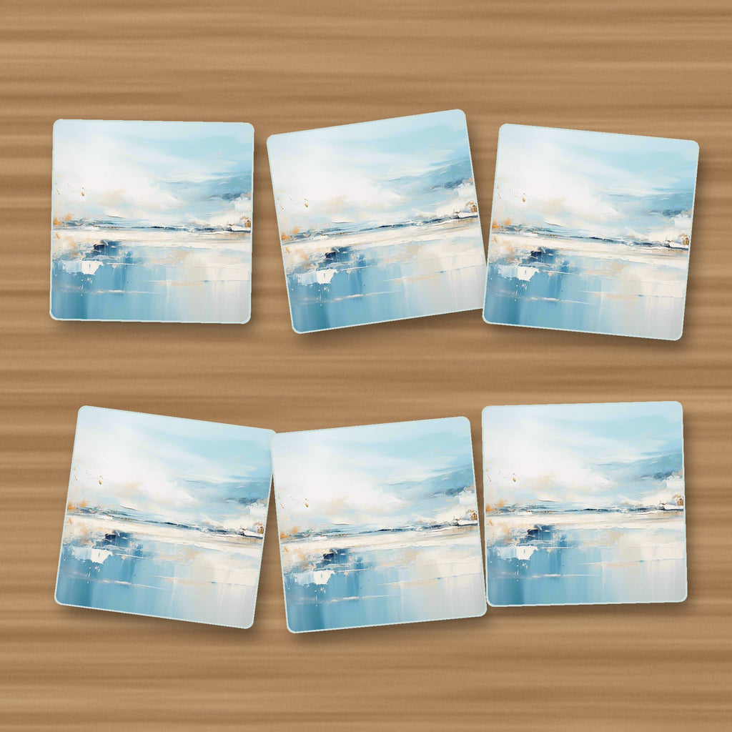 Blue Minimalist Seascape square glass coasters, set of 6, on an oak coffee table