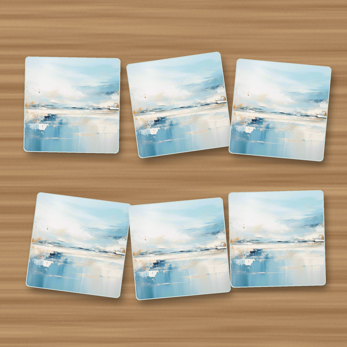 Blue Minimalist Seascape square glass coasters, set of 6, on an oak coffee table