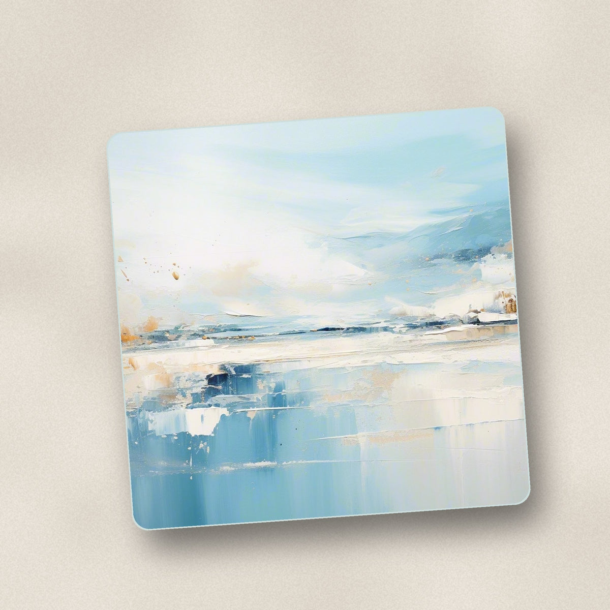 Close-up of one blue minimalist seascape square glass coaster, flat UV print