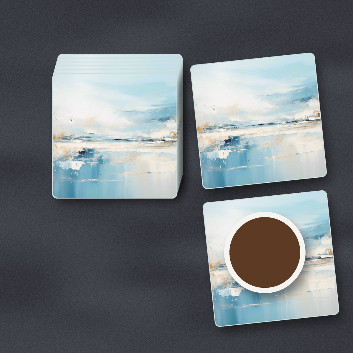 Blue Minimalist Seascape square glass coasters stacked on a slate kitchen worktop